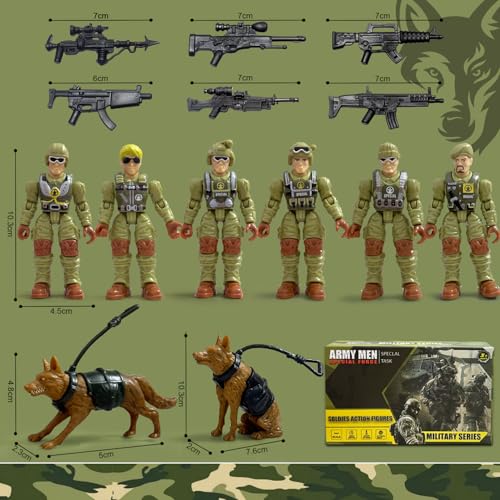 Baimiby Army Men Action Figures – 4 Inch Poseable Soldiers, 14 Piece Set with Weapons & Dogs, Gift for Boys