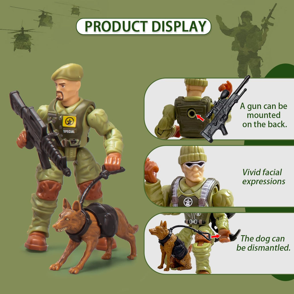 Baimiby Army Men Action Figures – 4 Inch Poseable Soldiers, 14 Piece Set with Weapons & Dogs, Gift for Boys