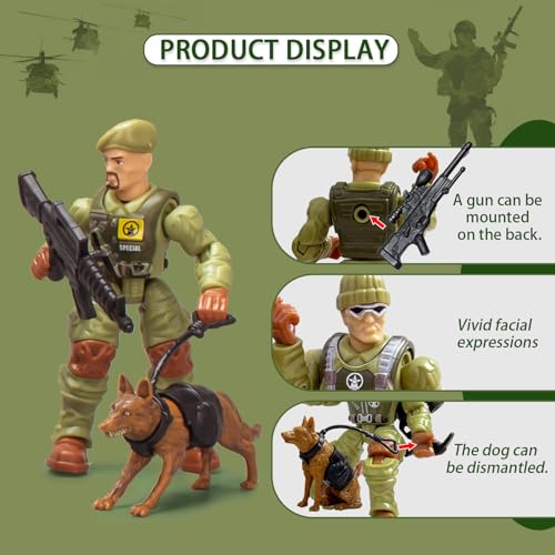 Baimiby Army Men Action Figures – 4 Inch Poseable Soldiers, 14 Piece Set with Weapons & Dogs, Gift for Boys