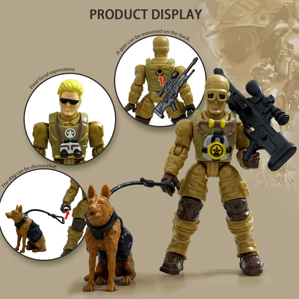 Baimiby Army Men Action Figures Set - 6 Poseable Toy Soldiers with Weapons and Dogs for Kids Ages 3+