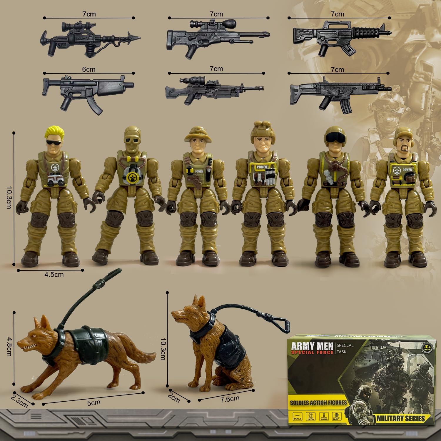 Baimiby Army Men Action Figures Set - 6 Poseable Toy Soldiers with Weapons and Dogs for Kids Ages 3+