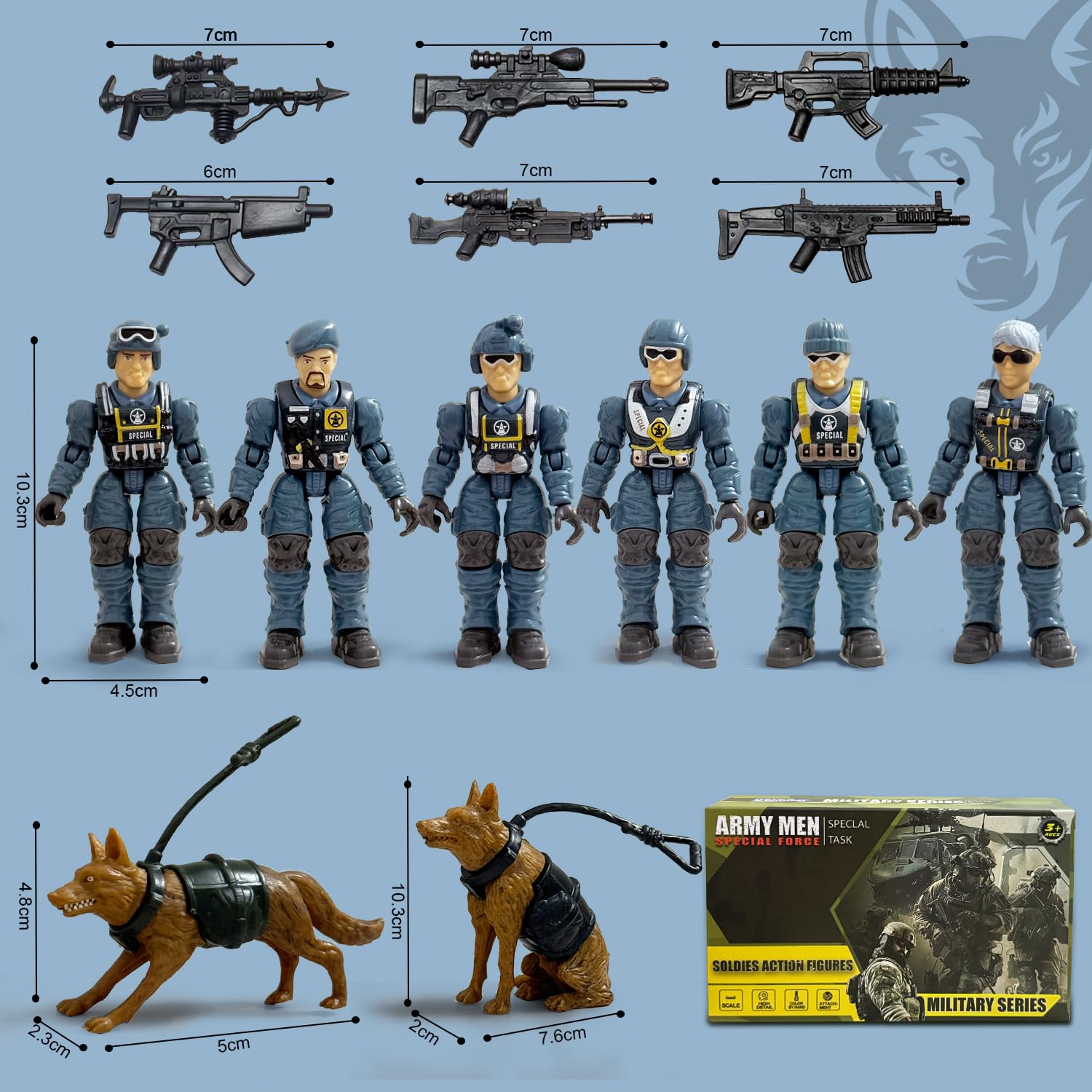 Baimiby Army Men Action Figures Set – 6 Poses, 6 Weapons, 2 Dogs for Imaginative Play