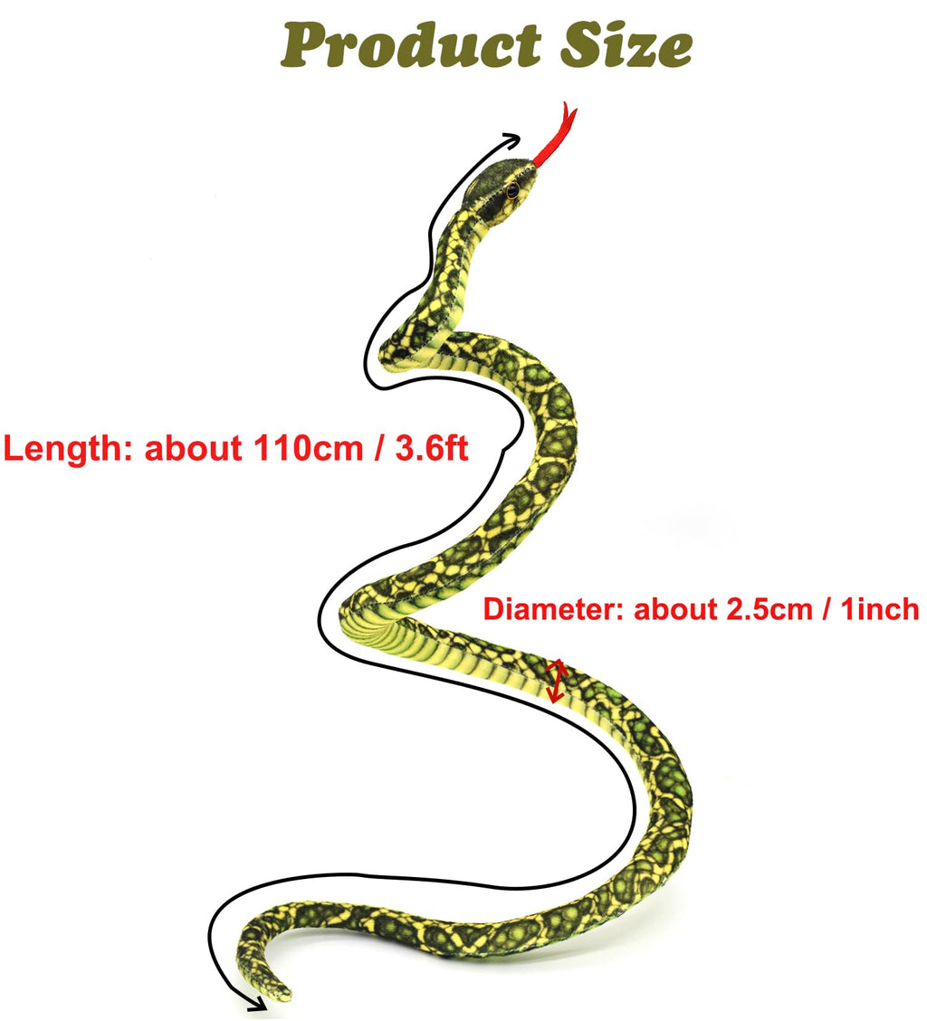 Bakalizoo 3.6 ft Long Soft Snake Plush – Realistic Green Stuffed Animal for Pranks, Gifts, and Decor