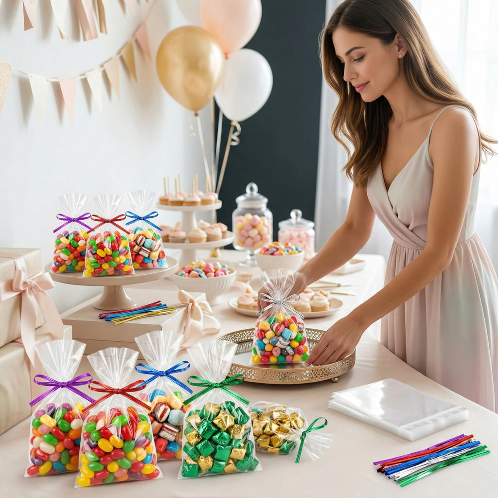 BakeBaking 200 Clear OPP Treat Bags 6x9" with 200 Twist Ties (6 Colors) - Food Grade, Thick, for Parties
