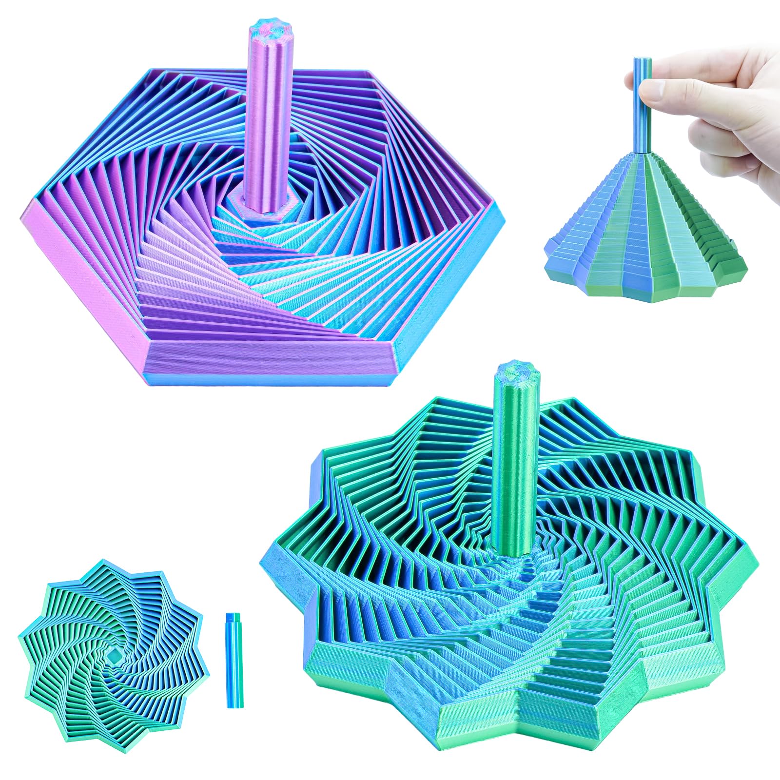Balkwan 2-Pack 3D Printed Fidget Stars with Detachable Handles - Stress Relief Desk Toy for Anxiety, Green + Purple