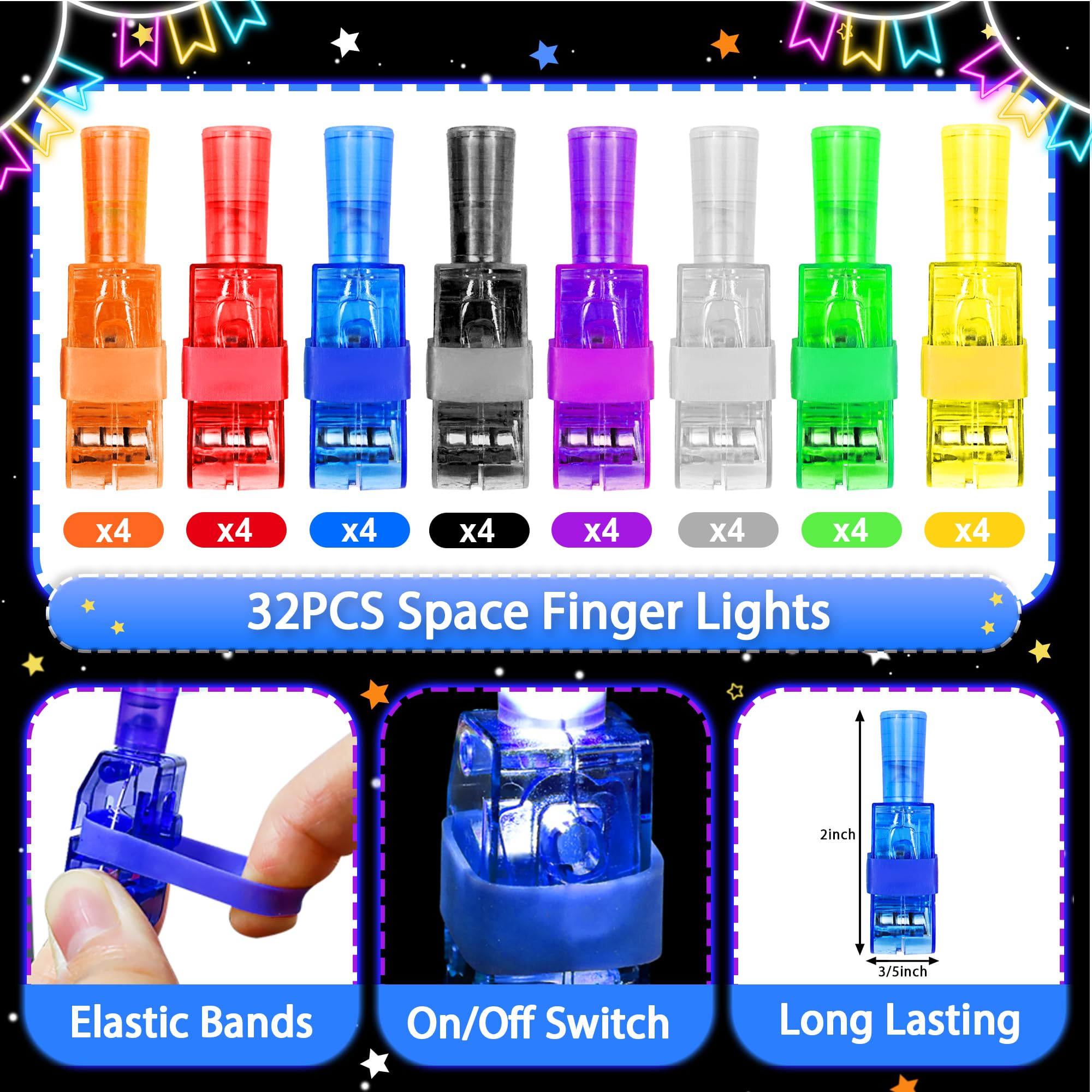 Bamamon Space Finger Lights 32-Pack - Glow in Dark Party Favors with Astronaut Patterns