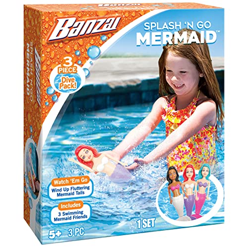 BANZAI 3-Piece Splash 'N Go Mermaid Dive Set – Wind-Up Pool Toys with Articulated Arms