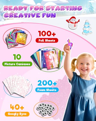 Baobrava Foil Art Fun Kit for Kids – Princess, Unicorn, Mermaid, Castle Crafts, No Mess Activity for Ages 4-8