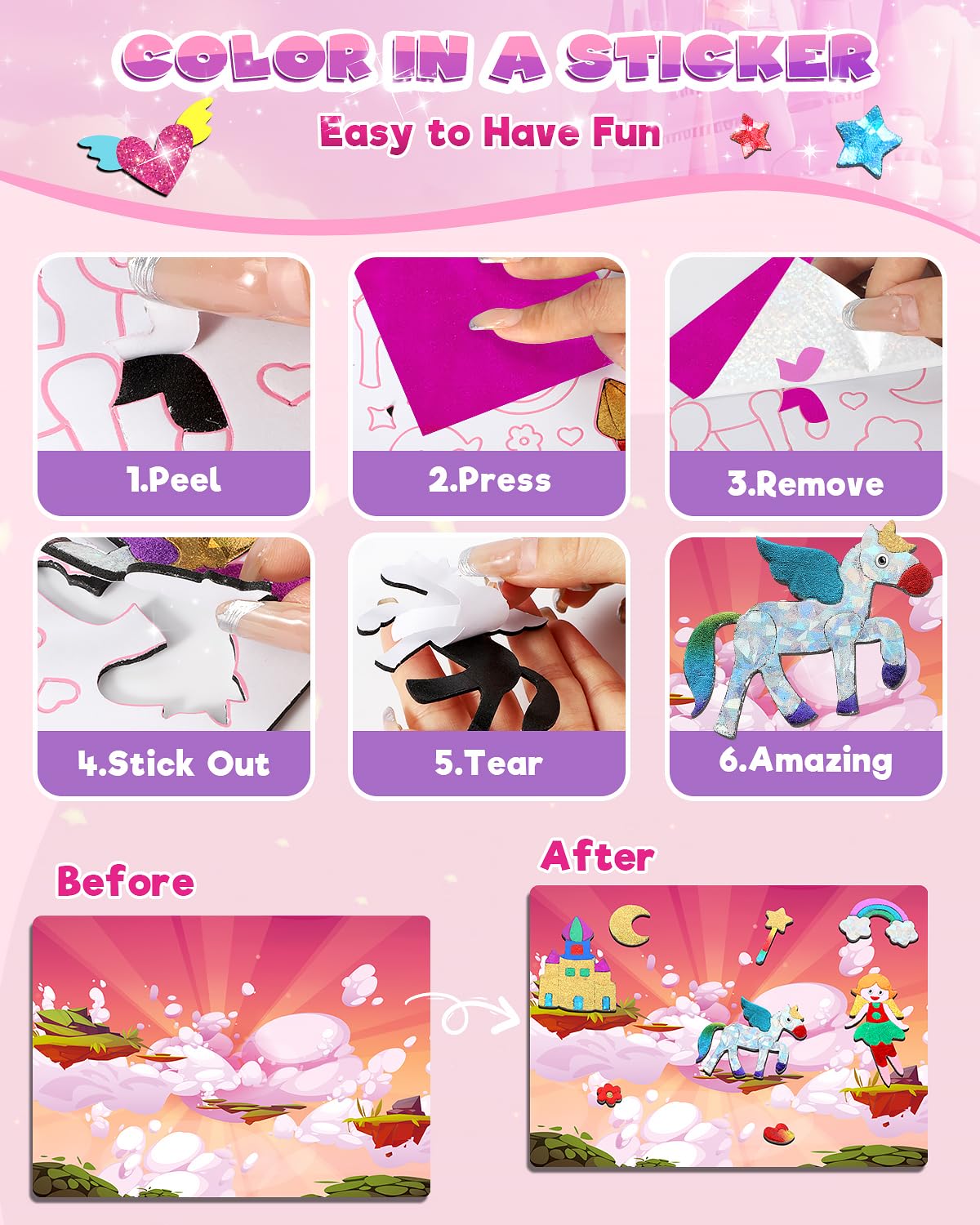 Baobrava Foil Art Fun Kit for Kids – Princess, Unicorn, Mermaid, Castle Crafts, No Mess Activity for Ages 4-8