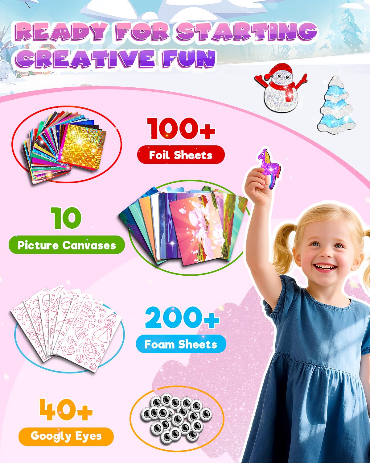 Baobrava Foil Art Fun Kit for Kids – Princess, Unicorn, Mermaid, Castle Crafts, No Mess Activity for Ages 4-8