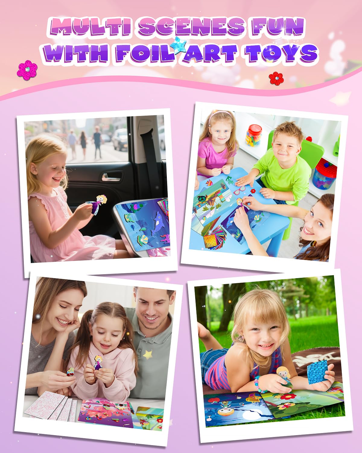 Baobrava Foil Art Fun Kit for Kids – Princess, Unicorn, Mermaid, Castle Crafts, No Mess Activity for Ages 4-8