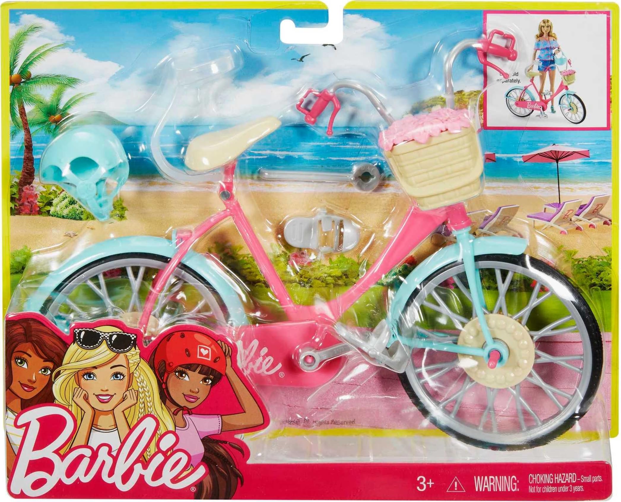 Barbie Bicycle with Basket of Flowers – Working Pedals, Helmet, and Removable Flowers