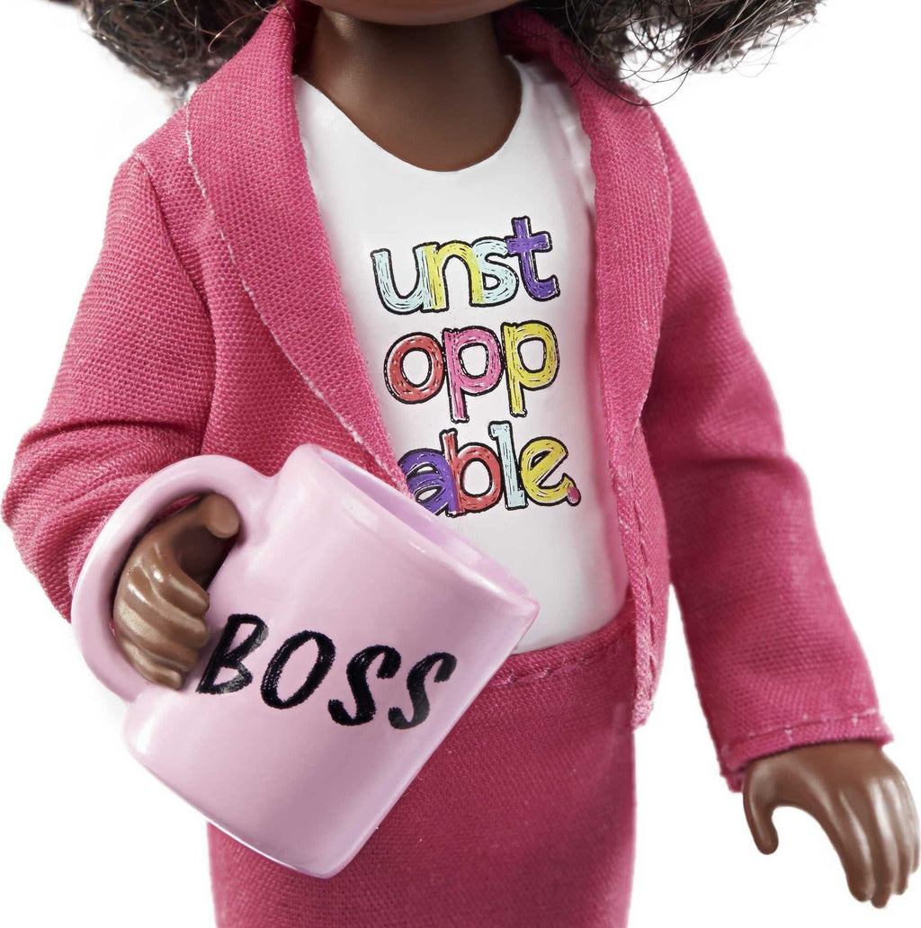 Barbie Chelsea Can Be Anything Brunette Boss Doll with Curly Hair and 7 Career Accessories