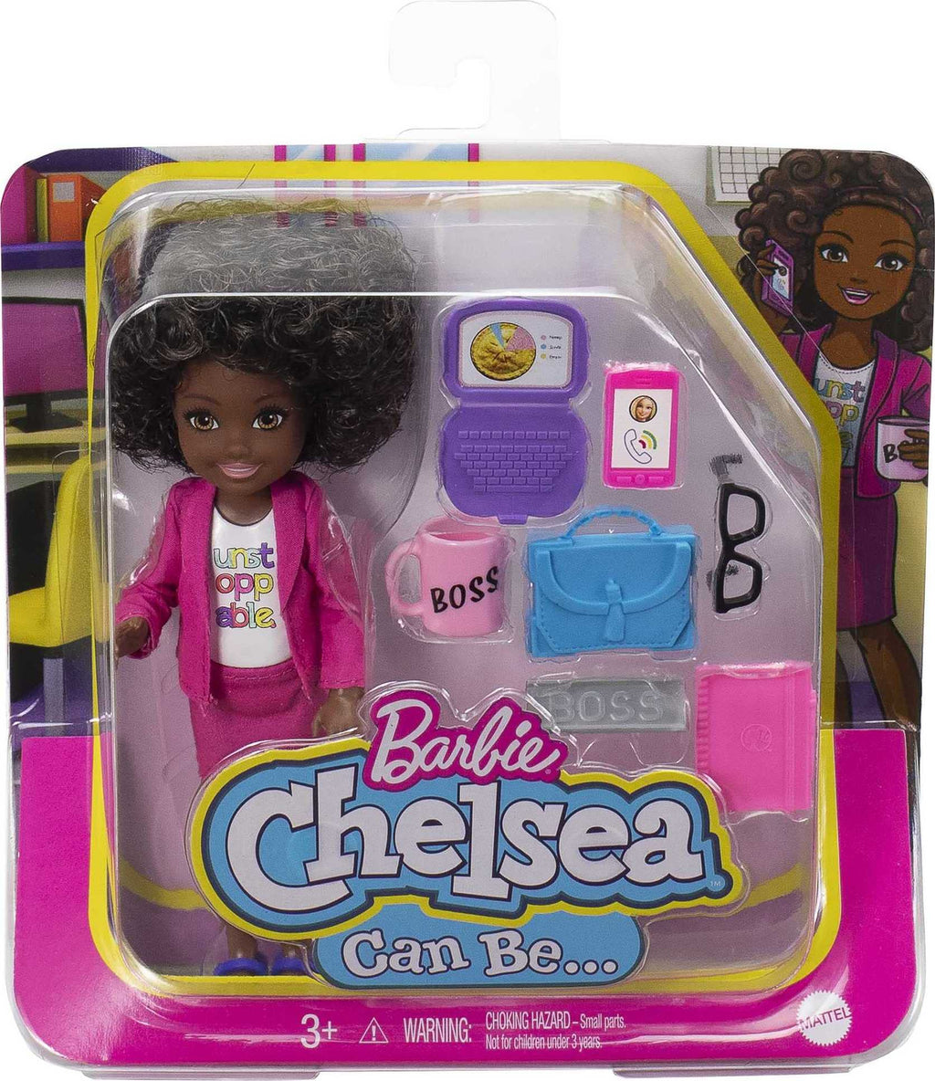 Barbie Chelsea Can Be Anything Brunette Boss Doll with Curly Hair and 7 Career Accessories