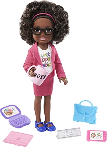 Barbie Chelsea Can Be Anything Brunette Boss Doll with Curly Hair and 7 Career Accessories