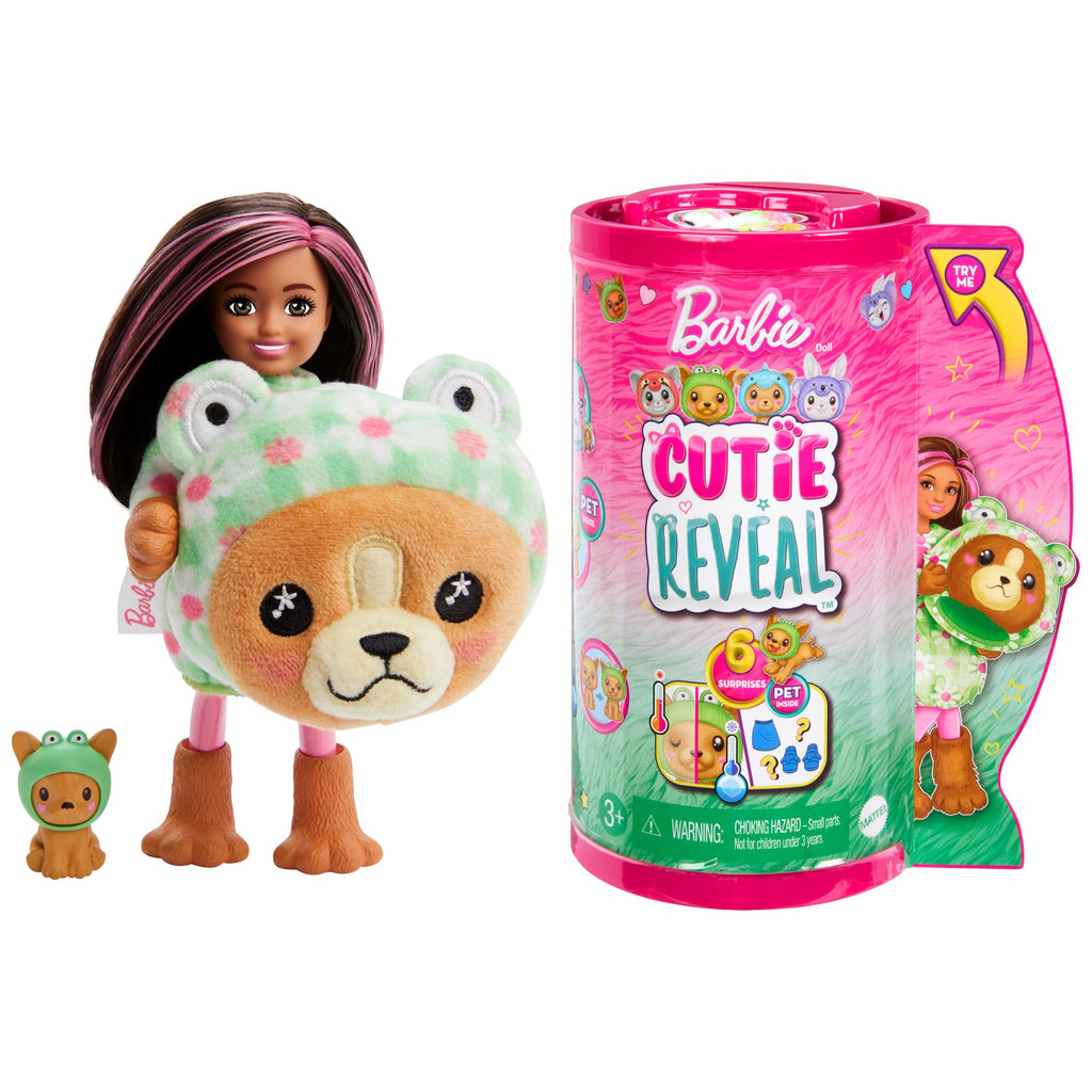 Barbie Cutie Reveal Chelsea Doll with Puppy Frog Costume, 6 Surprises & Color-Change Pet