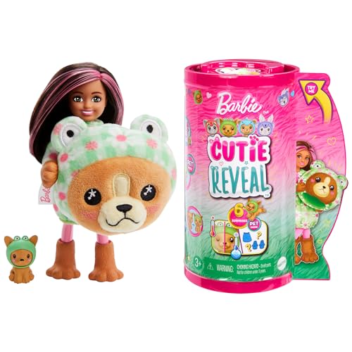 Barbie Cutie Reveal Chelsea Doll with Puppy Frog Costume, 6 Surprises & Color-Change Pet