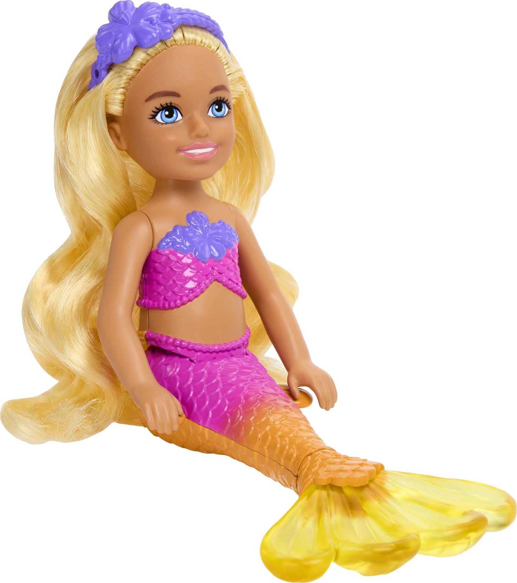 Barbie Dreamtopia Chelsea Mermaid Doll with Removable Floral Headband – Wavy Blonde Hair & Ombre Tail