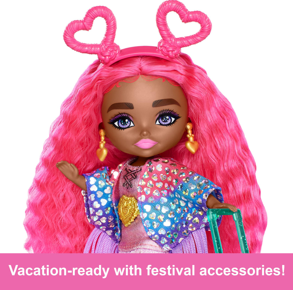 Barbie Extra Fly Minis Travel Doll - Desert Festival Look with Magenta Hair, Fringe Jacket & Accessories, 5.5-inch