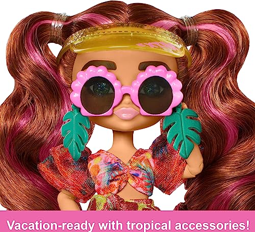 Barbie Extra Fly Minis Travel Doll Beach Look with Pink-Streaked Pigtails, Swimsuit, Sarong & Accessories