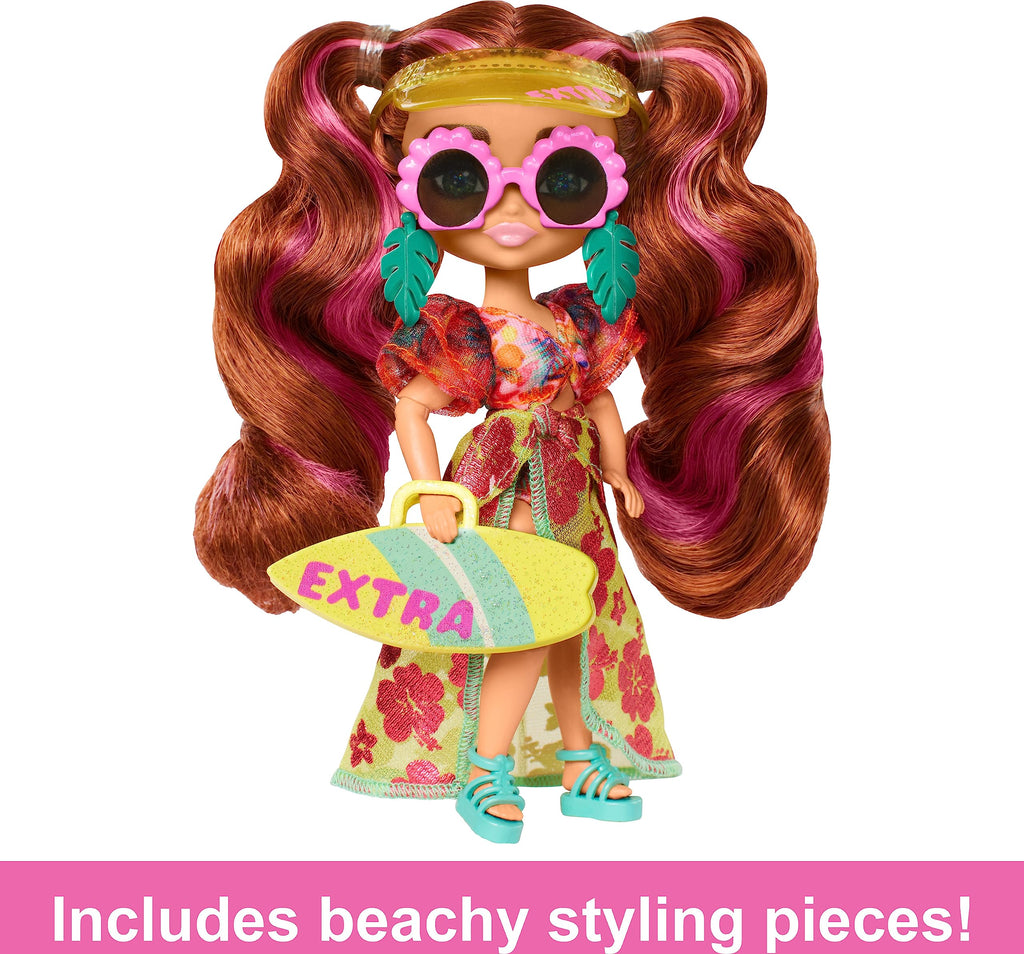 Barbie Extra Fly Minis Travel Doll Beach Look with Pink-Streaked Pigtails, Swimsuit, Sarong & Accessories