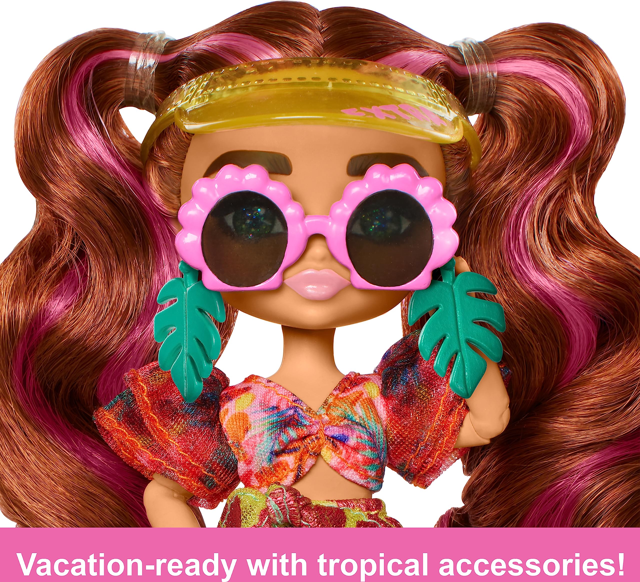 Barbie Extra Fly Minis Travel Doll Beach Look with Pink-Streaked Pigtails, Swimsuit, Sarong & Accessories