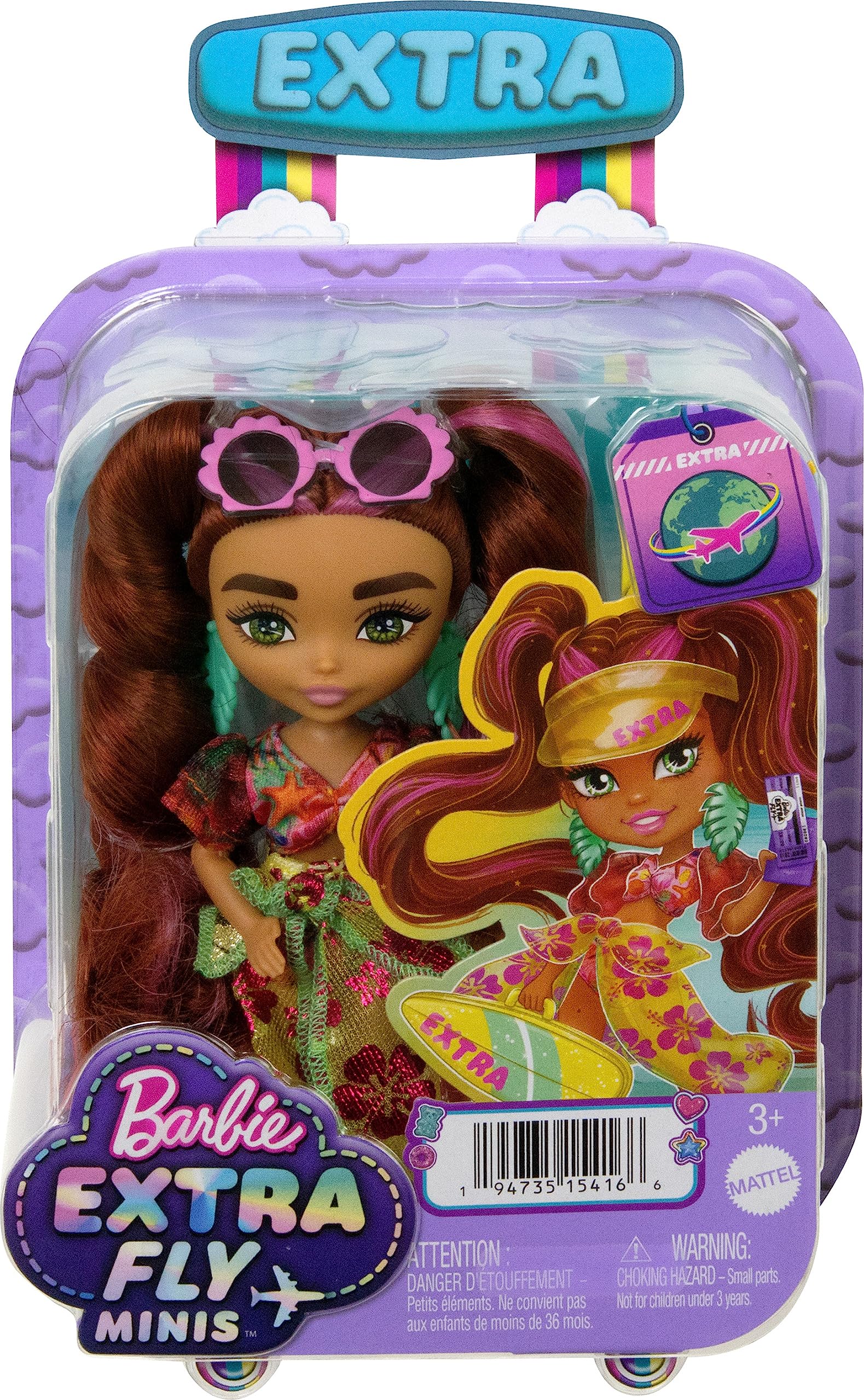Barbie Extra Fly Minis Travel Doll Beach Look with Pink-Streaked Pigtails, Swimsuit, Sarong & Accessories