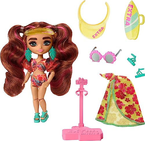 Barbie Extra Fly Minis Travel Doll Beach Look with Pink-Streaked Pigtails, Swimsuit, Sarong & Accessories