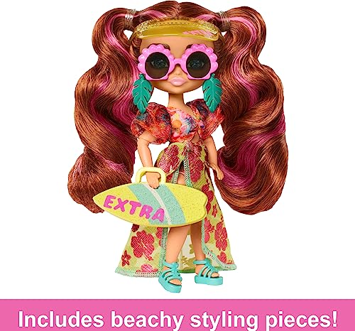 Barbie Extra Fly Minis Travel Doll Beach Look with Pink-Streaked Pigtails, Swimsuit, Sarong & Accessories