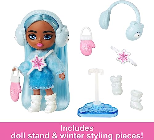 Barbie Extra Mini Minis Winter Travel Doll with Blue Hair, Ombre Sweater Dress, Earmuffs & Snow Accessories, 3.25-Inch