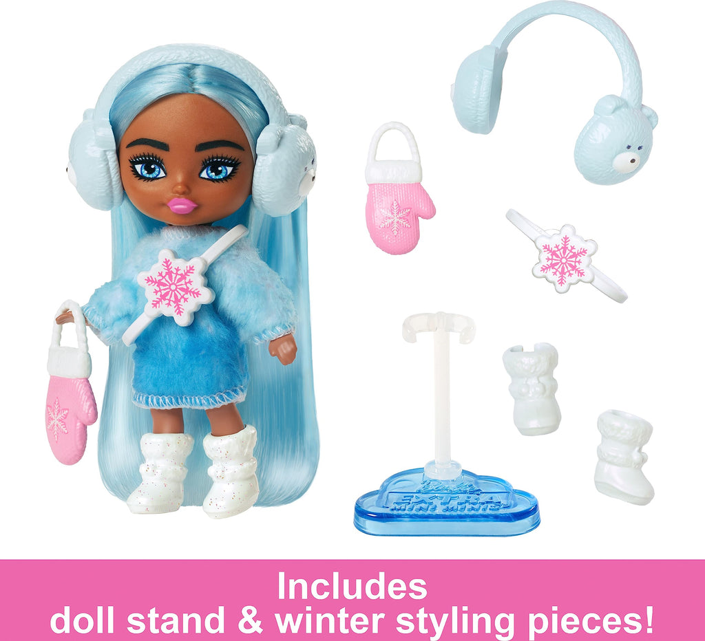 Barbie Extra Mini Minis Winter Travel Doll with Blue Hair, Ombre Sweater Dress, Earmuffs & Snow Accessories, 3.25-Inch
