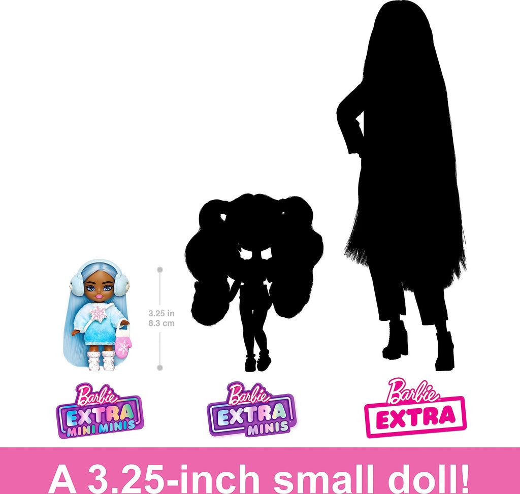 Barbie Extra Mini Minis Winter Travel Doll with Blue Hair, Ombre Sweater Dress, Earmuffs & Snow Accessories, 3.25-Inch