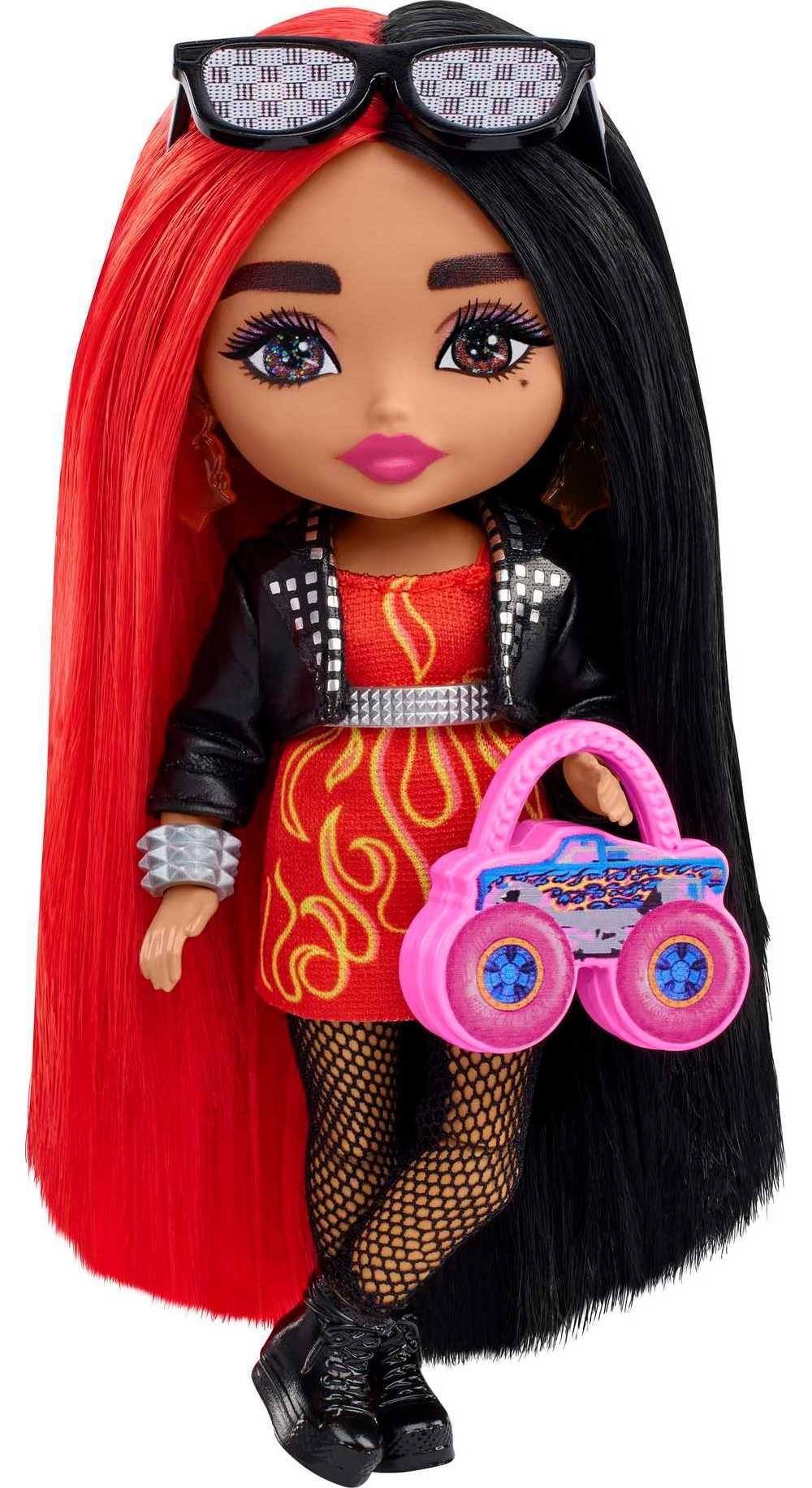 Barbie Extra Minis Doll – 5.5" Flame-Print Dress, Moto Jacket, Red & Black Hair, Posable
