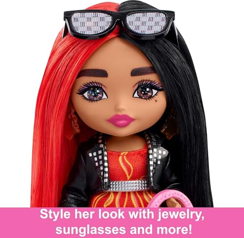 Barbie Extra Minis Doll – 5.5" Flame-Print Dress, Moto Jacket, Red & Black Hair, Posable