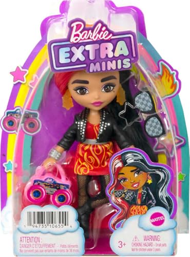 Barbie Extra Minis Doll – 5.5" Flame-Print Dress, Moto Jacket, Red & Black Hair, Posable