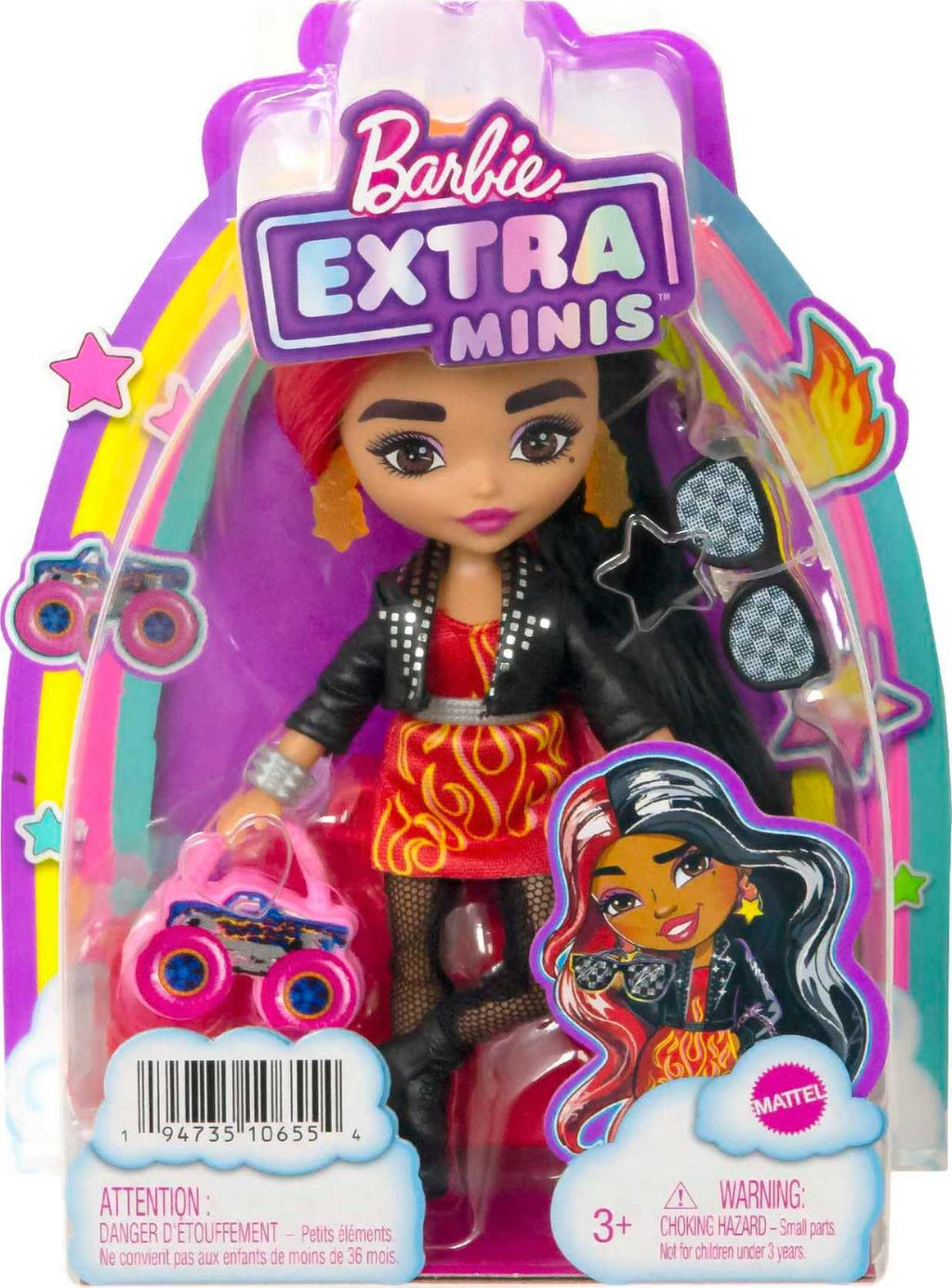 Barbie Extra Minis Doll – 5.5" Flame-Print Dress, Moto Jacket, Red & Black Hair, Posable