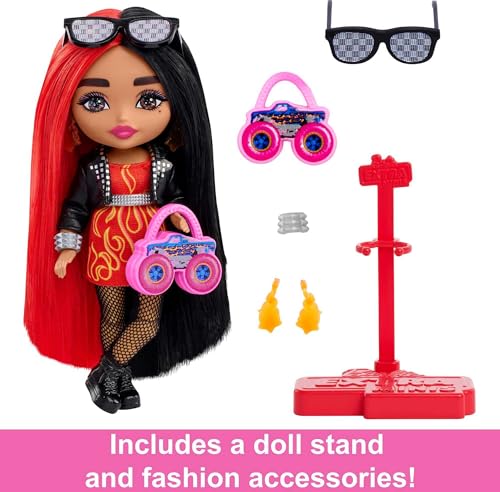 Barbie Extra Minis Doll – 5.5" Flame-Print Dress, Moto Jacket, Red & Black Hair, Posable