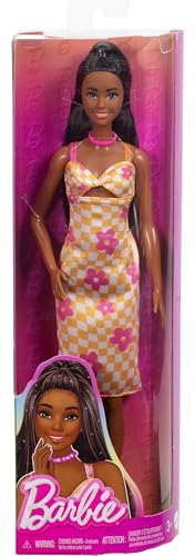 Barbie Fashionistas Doll #233 – Tall Black Hair in Checkered Midi Dress with Accessories