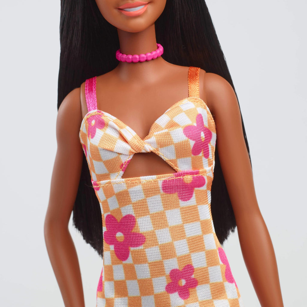 Barbie Fashionistas Doll #233 – Tall Black Hair in Checkered Midi Dress with Accessories