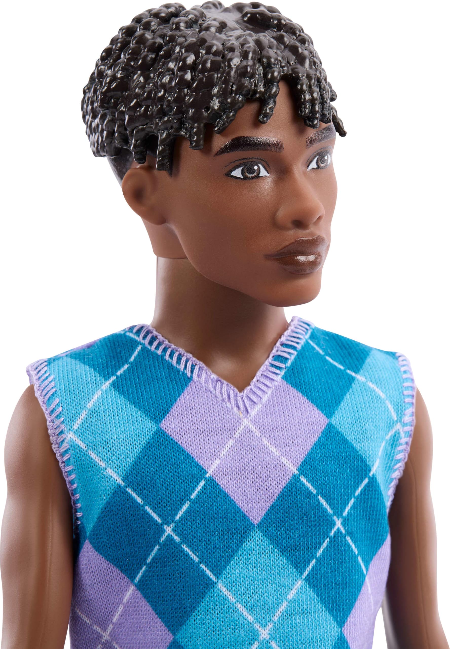 Barbie Fashionistas Ken Doll #253 with Lavender Argyle Outfit and Twisted Brown Hair