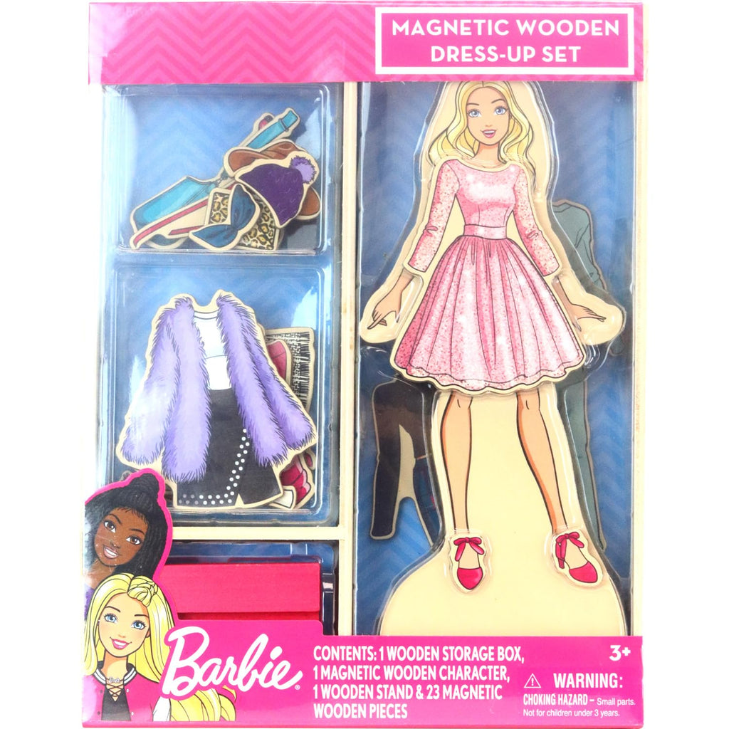 Barbie Magnetic Wooden Dress Up Toy – 26-Piece Mix & Match Set with Storage Box, Ages 3+