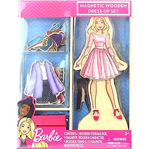Barbie Magnetic Wooden Dress Up Toy – 26-Piece Mix & Match Set with Storage Box, Ages 3+