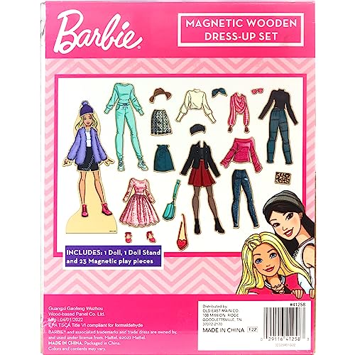 Barbie Magnetic Wooden Dress Up Toy – 26-Piece Mix & Match Set with Storage Box, Ages 3+