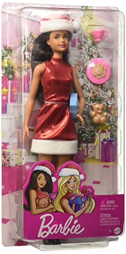 Barbie Santa Doll with Brunette Hair, Red Dress, and Accessories