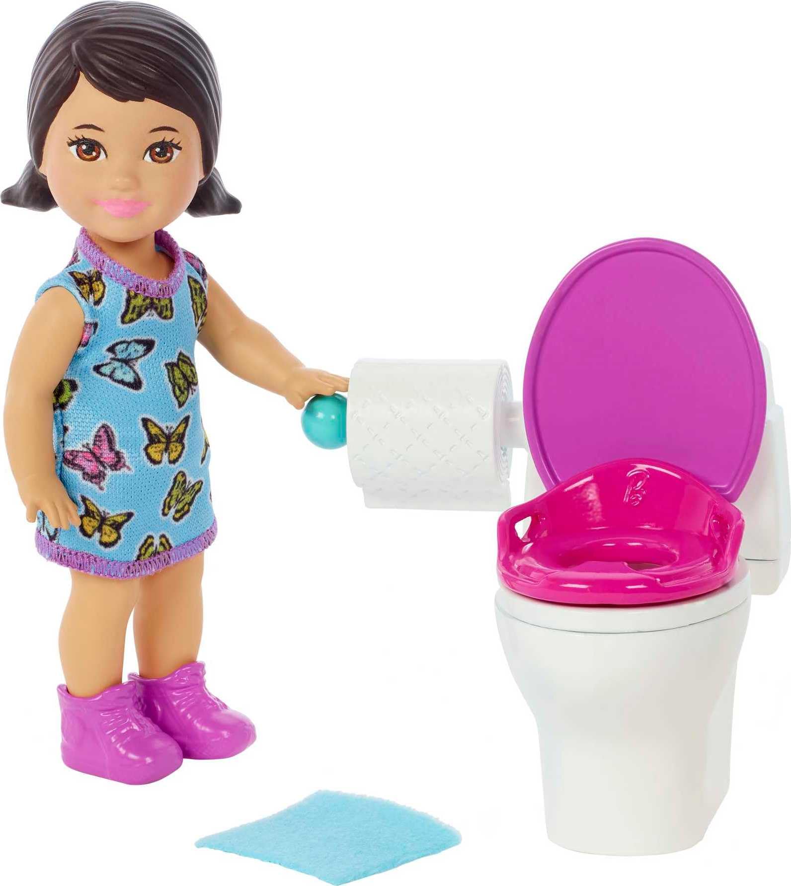 Barbie Skipper Babysitters Inc. Playset: Brunette Doll in Butterfly Dress with Potty & Bathroom Toys