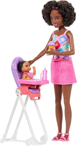 Barbie Skipper Babysitters Inc. Playset with Brunette Doll, Toddler Doll, High Chair & 8 Accessories