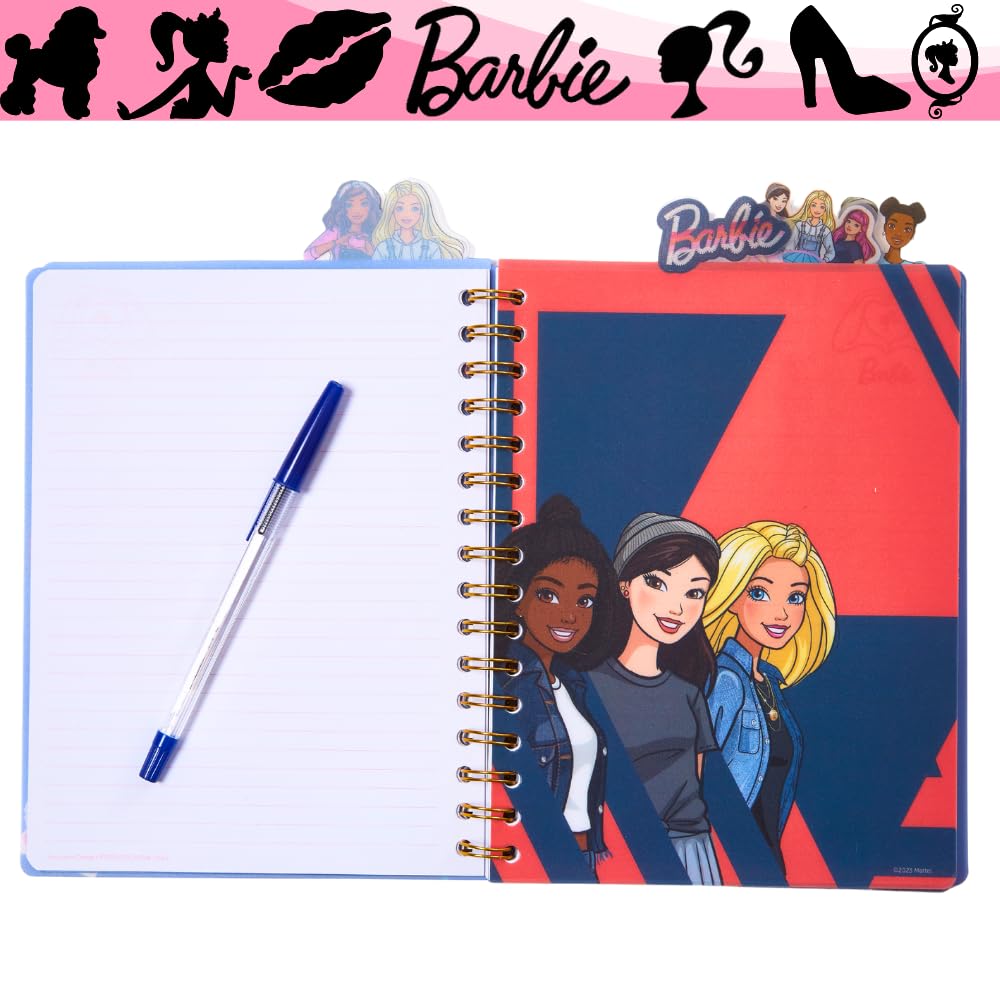 Barbie Tab Journal Notebook – Spiral Bound, 96 Lined Pages, 8x7 Inches, Purple Vinyl Cover with Tab Dividers