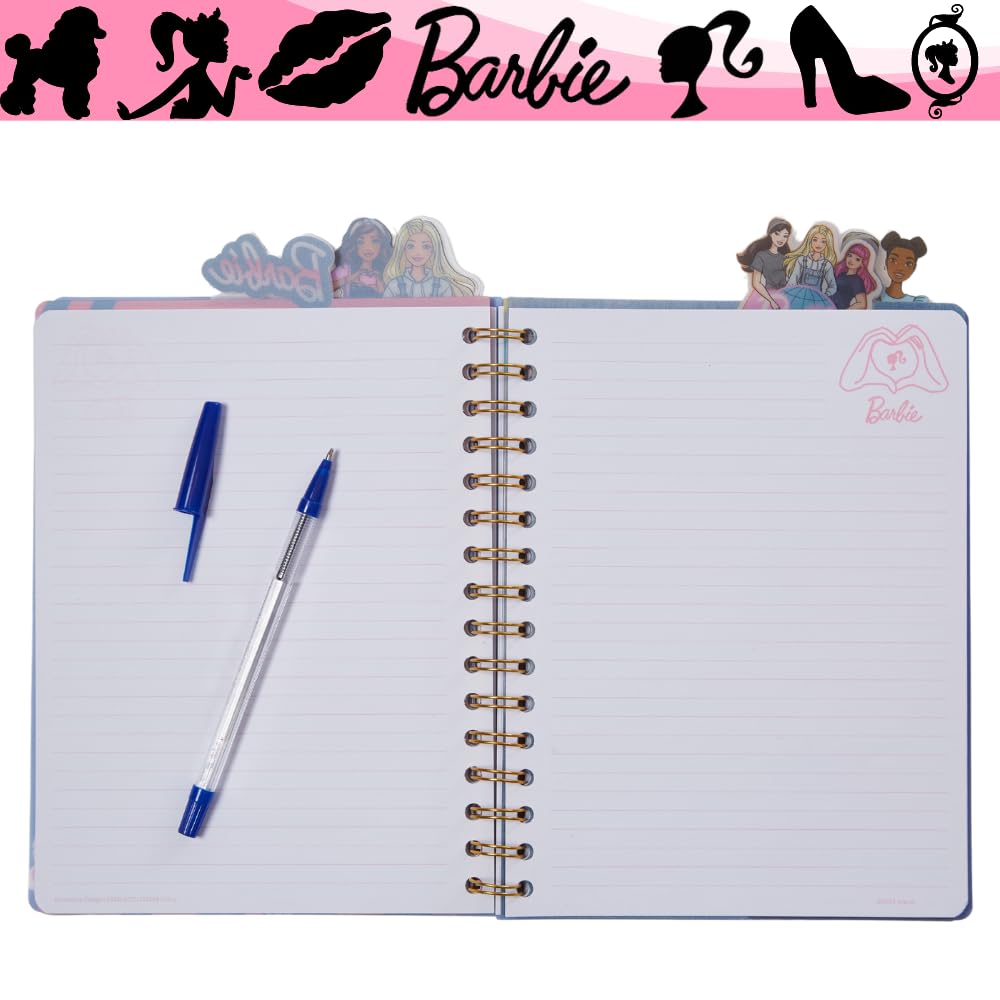 Barbie Tab Journal Notebook – Spiral Bound, 96 Lined Pages, 8x7 Inches, Purple Vinyl Cover with Tab Dividers
