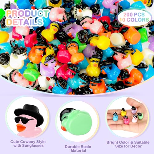 Barydat 200 Pack Mini Resin Cowboy Ducks with Hats and Sunglasses - Bulk Tiny Duck Figurines for Party Favors, DIY Crafts, Dollhouse Decor