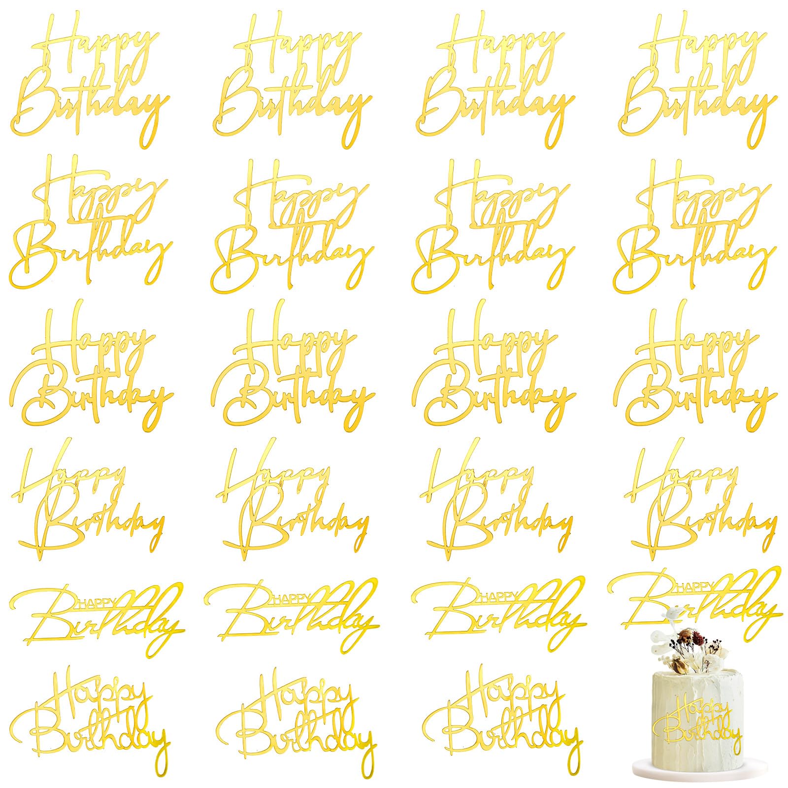 Barydat 24-Piece Gold Acrylic Happy Birthday Cake Toppers - 6 Styles Mirror Cupcake Decorations